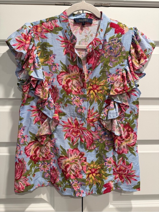 RACHEL Rachel Roy Tops - Rachel Floral Ruffle Sleeve Button Front Top - Pink/Green on Light Blue